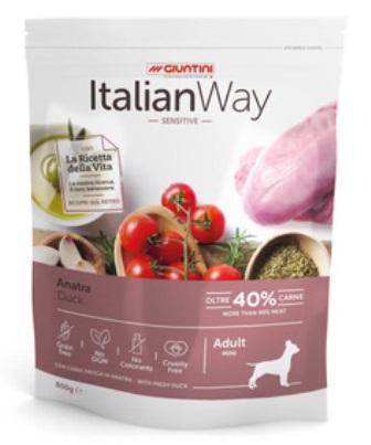 ITALIAN WAY - Беззерновой корм для собак малых пород с чувствительным пищеварением со свежей уткой 0,8 кг